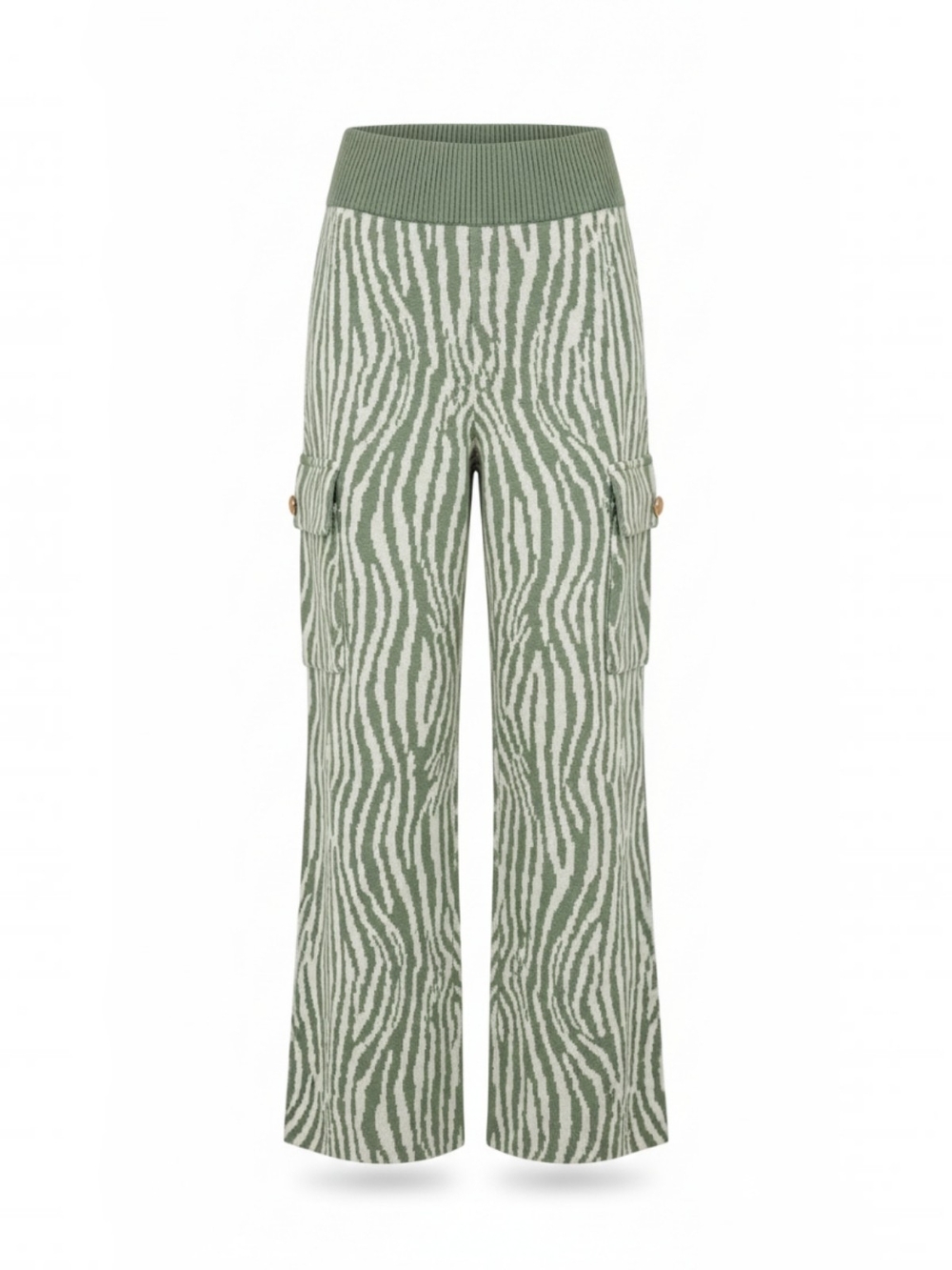 Royalty By Maluma Wide-Leg Cargo Knit Pants in Sage Zebra Print